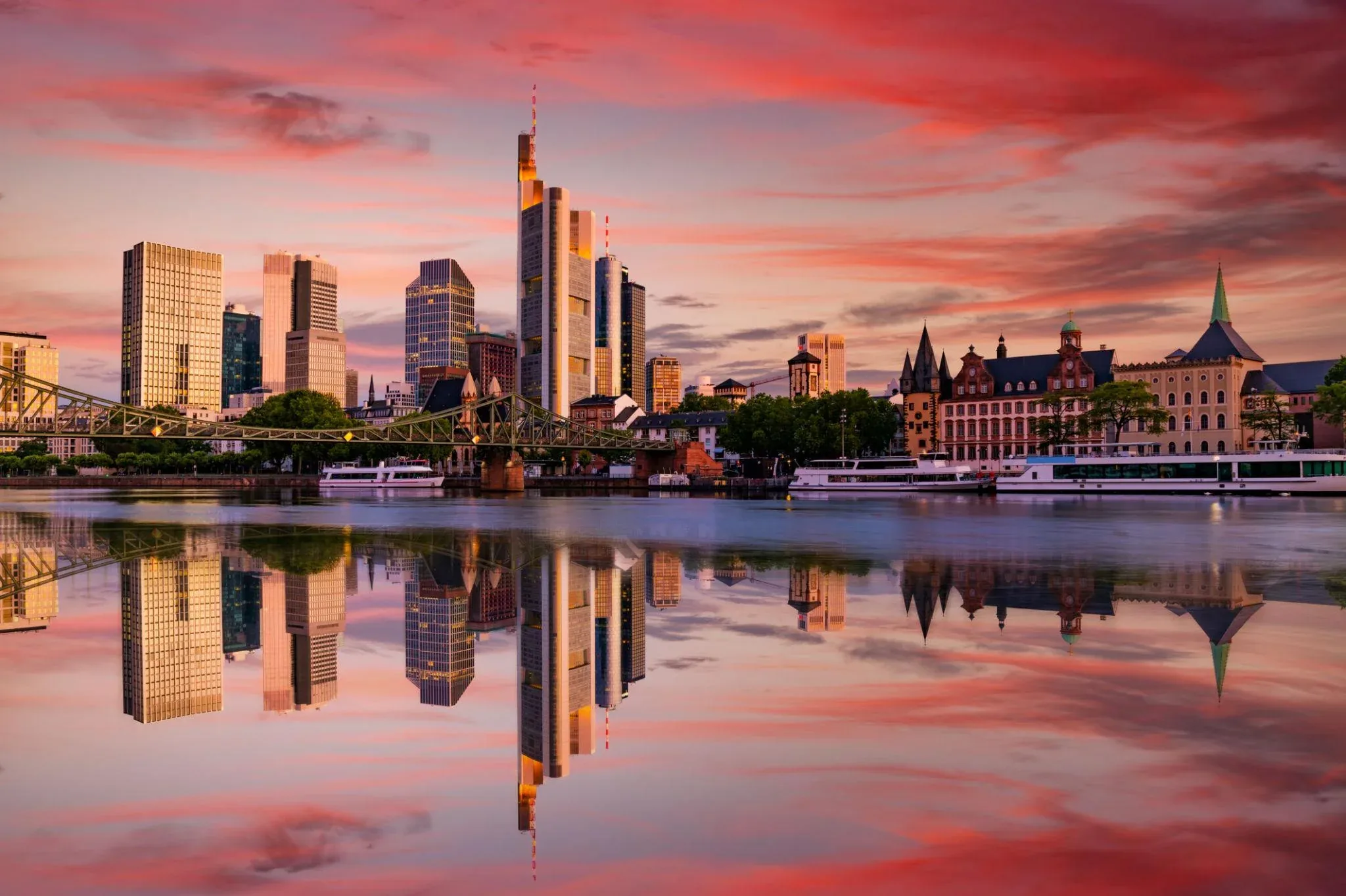 Frankfurt skyline above the Main at sunset